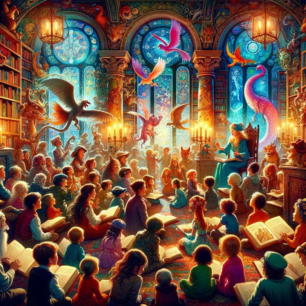 Ilustración de una actividad de lectura y narración de mitos y leyendas, con un grupo diverso de niños y adultos reunidos en una biblioteca ambientada míticamente, escuchando historias fascinantes. Los Mitos y Leyendas (www.losmitosyleyendas.com)