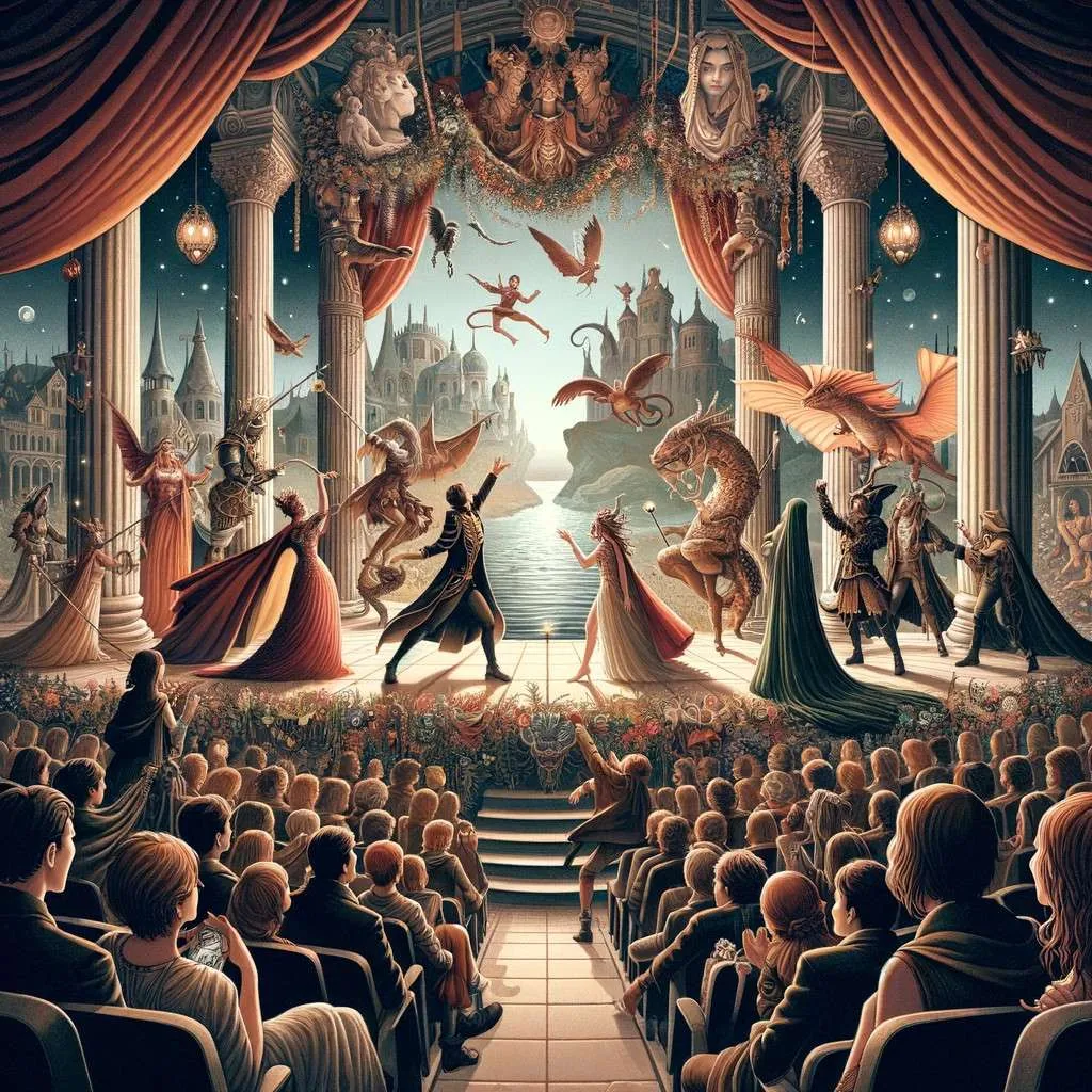 Ilustración de una representación teatral de mitos y leyendas, mostrando actores en trajes míticos en un escenario decorado con ambientes mágicos, mientras la audiencia observa fascinada. Los Mitos y Leyendas (www.losmitosyleyendas.com)