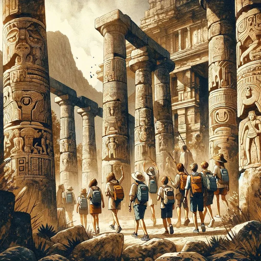 Esta ilustración captura la emocionante experiencia de excursiones a sitios históricos relacionados con mitos y leyendas. Muestra a un grupo diverso de personas, desde niños hasta adultos, explorando antiguas ruinas o templos. 