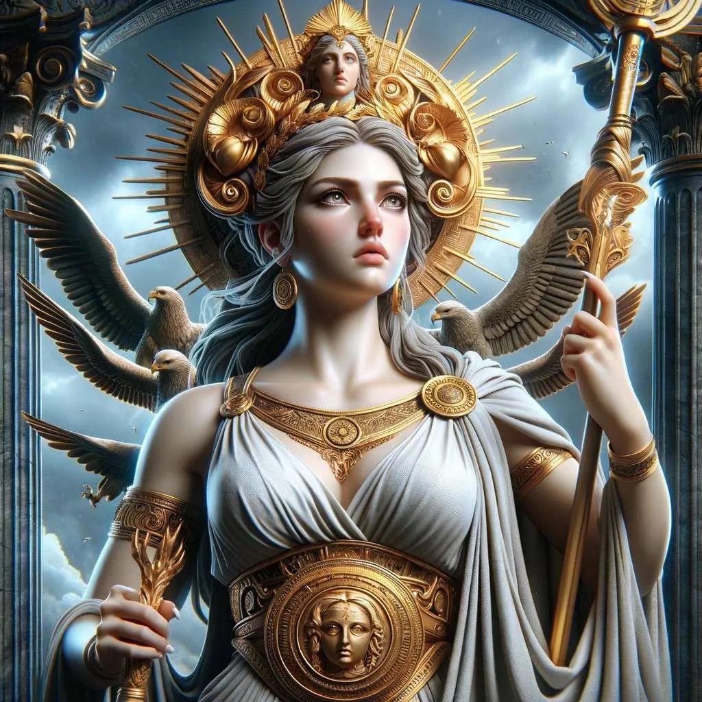 Representación artística de Alcmena, madre de Hércules, mostrando su fuerza y dignidad en un contexto mitológico griego, con elementos que aluden a su relación con Zeus. Los Mitos y Leyendas (www.losmitosyleyendas.com).