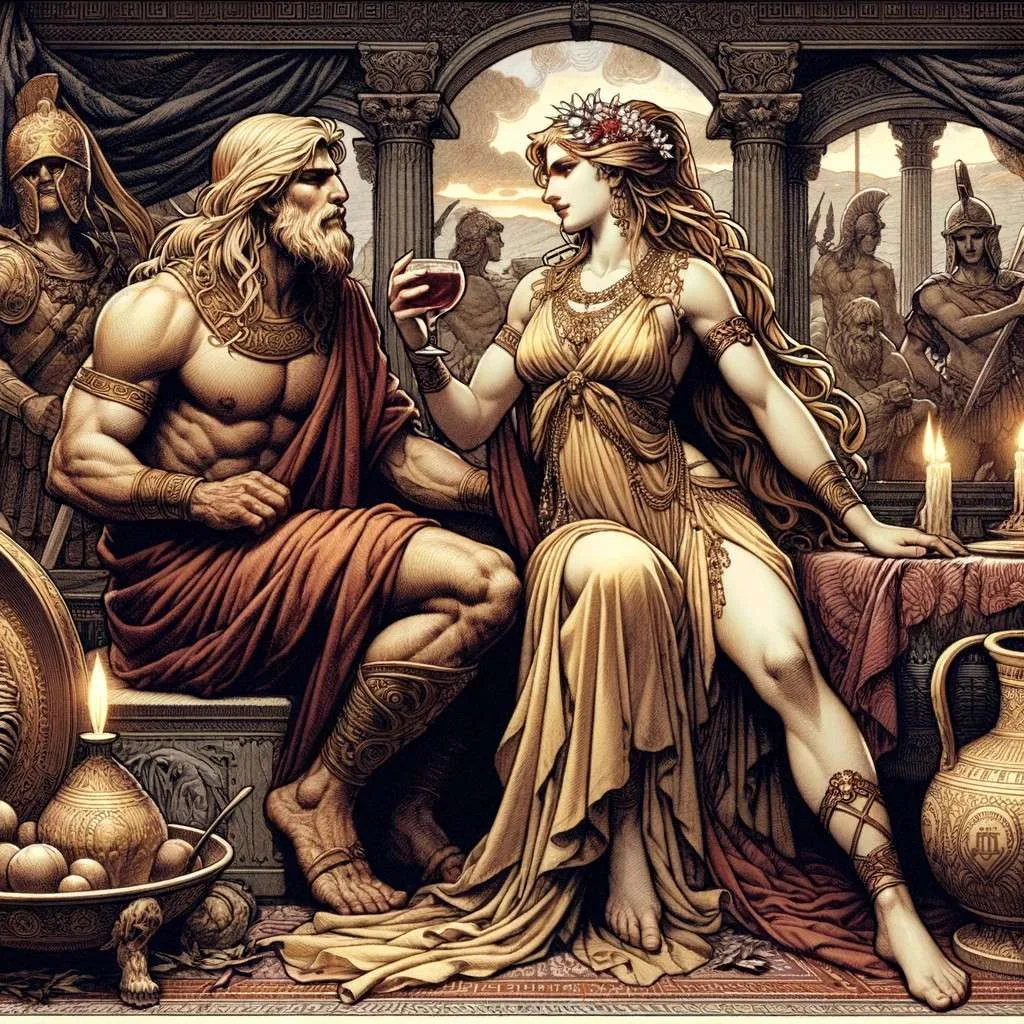 Ilustración de Alcmena y Anfitrión compartiendo un momento íntimo en su hogar en Tebas, destacando su amor y respeto mutuo en el contexto de la mitología griega. Los Mitos y Leyendas (www.losmitosyleyendas.com).