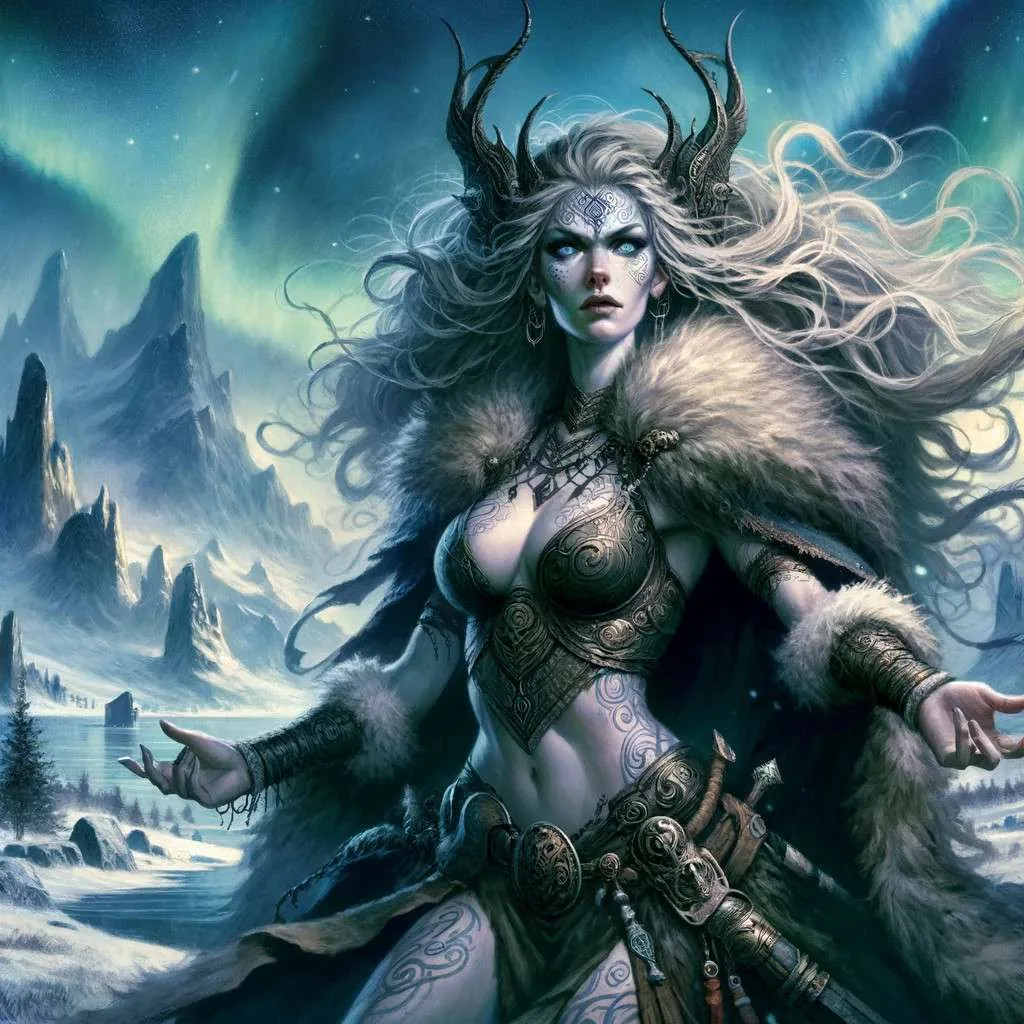 Ilustración de Angrboda, la temible diosa de la mitología nórdica, en un paisaje helado de Jotunheim, emanando poder y sabiduría antigua. Los Mitos y Leyendas (www.losmitosyleyendas.com)