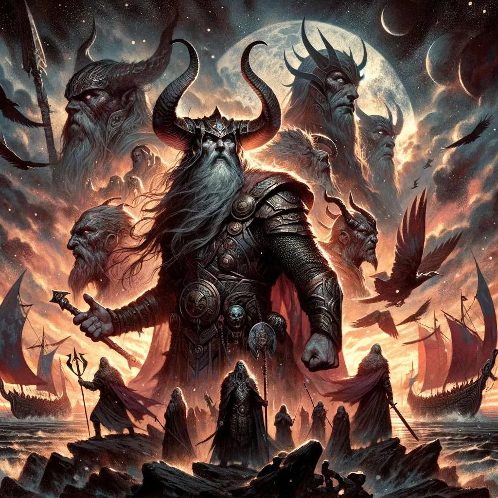 Ilustración de Angrboda contemplando los signos del Ragnarok, rodeada por las siluetas de sus hijos, en un escenario apocalíptico con cielos ardientes, simbolizando su papel crucial en el desenlace del mundo según la mitología nórdica. Los Mitos y Leyendas (www.losmitosyleyendas.com)