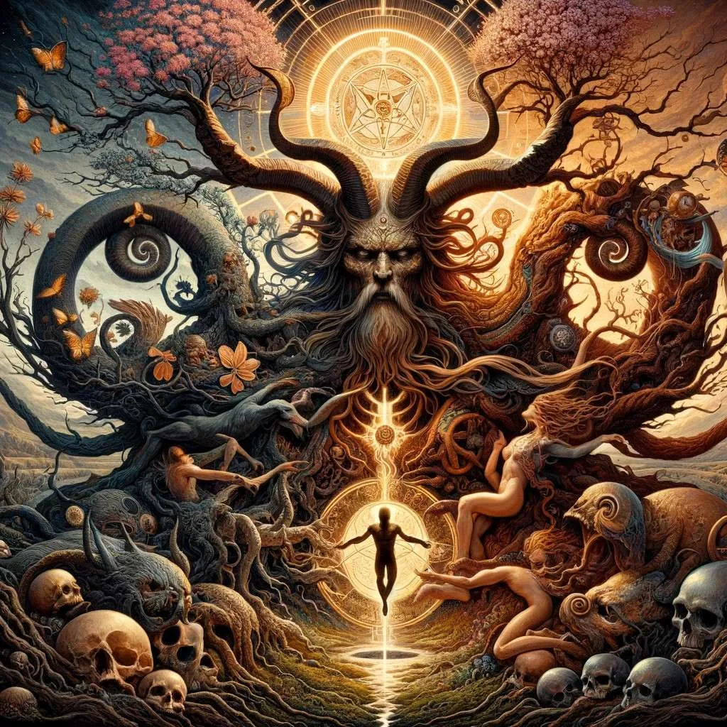 Ilustración simbólica de Angrboda, rodeada de elementos que evocan caos y orden, reflejando su papel como entidad de cambio en la mitología nórdica. La dualidad entre la luz y la oscuridad simboliza la relación entre creación y destrucción. Los Mitos y Leyendas (www.losmitosyleyendas.com)