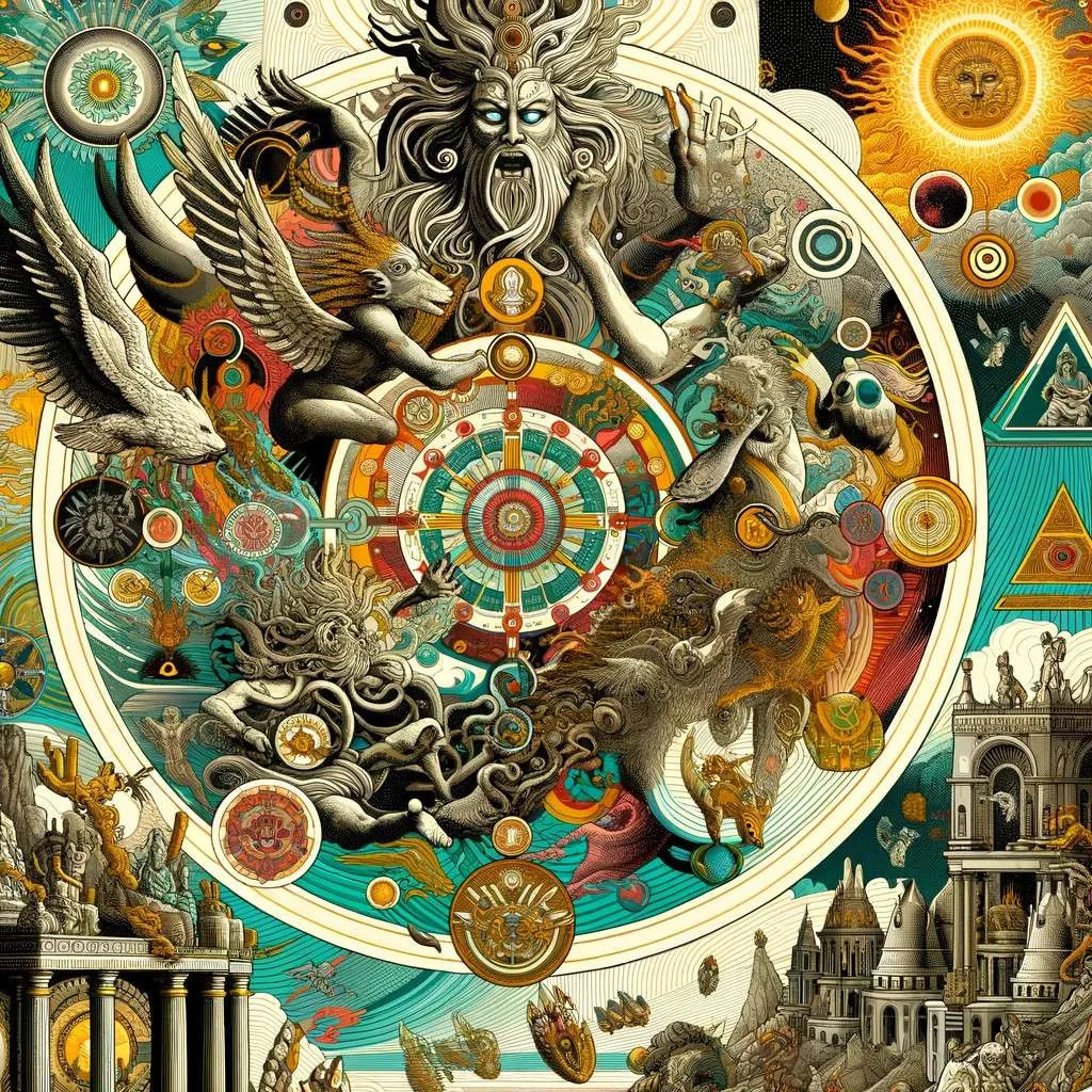 Ilustración de Angrboda que simboliza la dualidad de creación y destrucción, vinculándola con figuras y símbolos universales de cambio y transformación. Elementos como la Tierra y representaciones de la vida y la muerte reflejan su impacto en mitos y leyendas mundiales, destacando la interconexión entre el caos y el orden. Los Mitos y Leyendas (www.losmitosyleyendas.com)