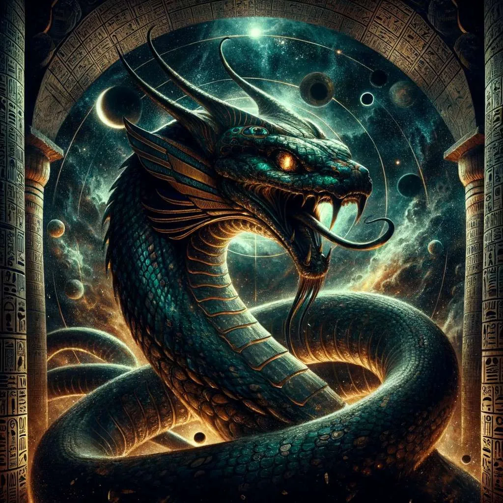 Ilustración del dios egipcio Apophis, una serpiente masiva que simboliza el caos, con ojos amenazantes y escamas que reflejan el cielo nocturno, contra un fondo que evoca la mitología egipcia con jeroglíficos. Los Mitos y Leyendas (www.losmitosyleyendas.com)