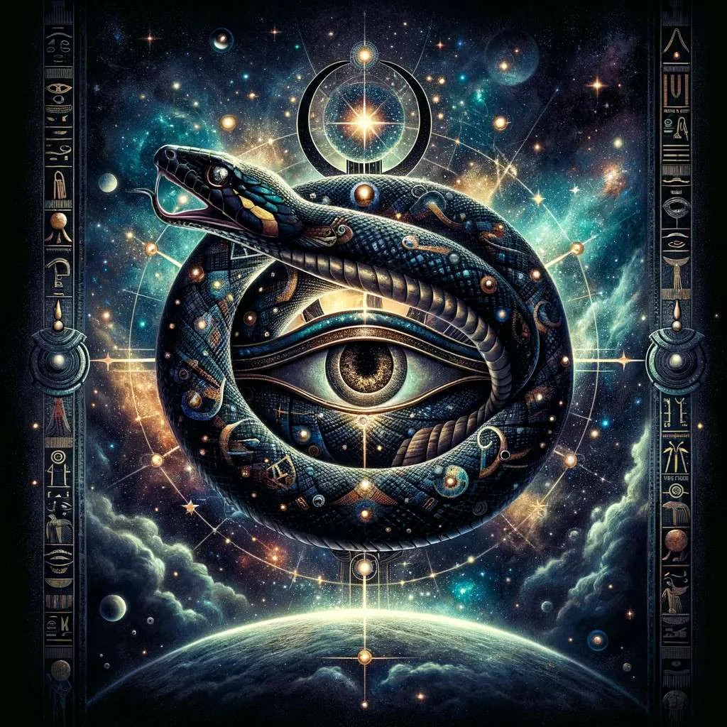 Imagen simbólica de Apophis en la cosmología egipcia, con la serpiente entrelazada alrededor de un cielo nocturno estrellado, junto al Ojo de Ra y jeroglíficos que sugieren protección, equilibrio y el ciclo de día y noche, resaltando la lucha constante entre el caos y el orden. Los Mitos y Leyendas (www.losmitosyleyendas.com)