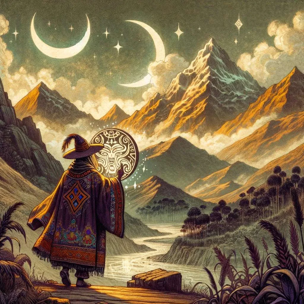 Escena inspirada en los mitos y leyendas de Moquegua, Perú, con montañas andinas y una figura mítica andina en primer plano. Los Mitos y Leyendas (www.losmitosyleyendas.com)