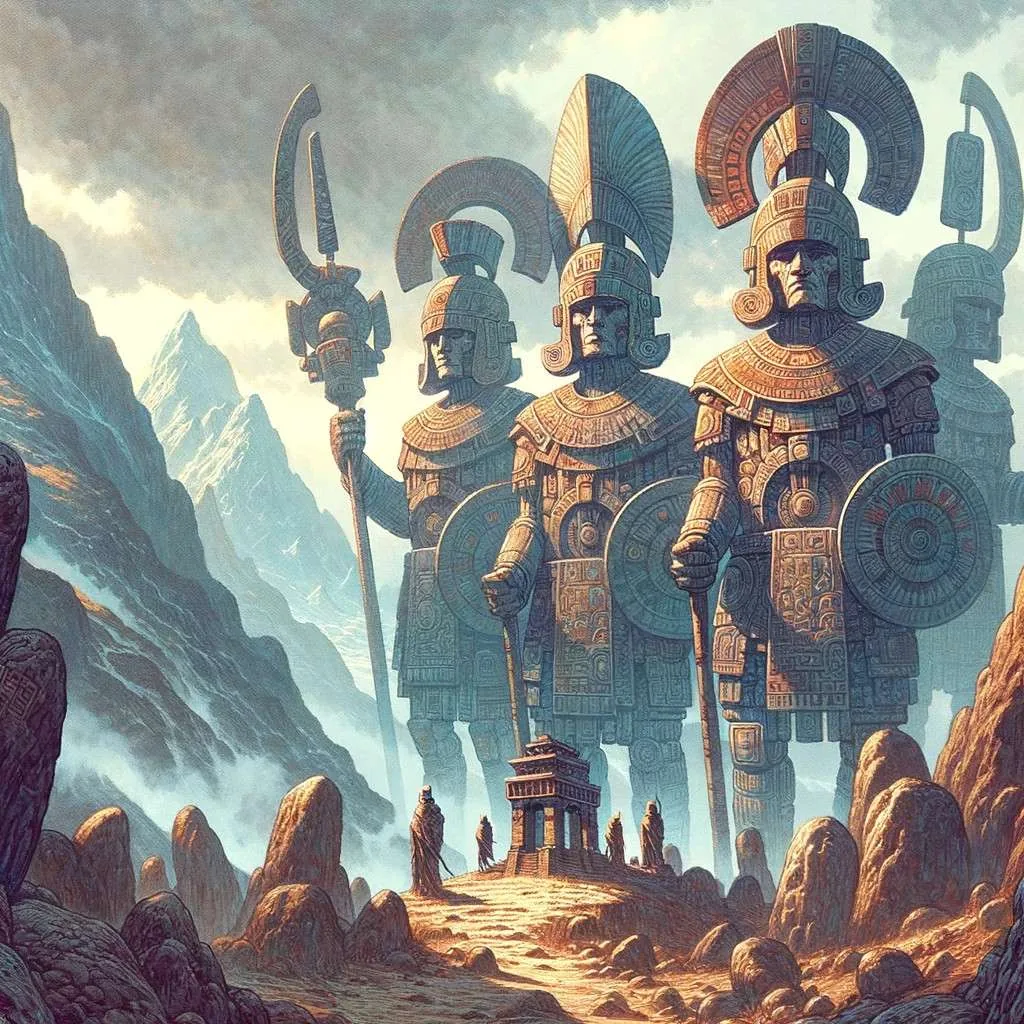 Guardianes míticos protegiendo la entrada a un templo antiguo en el Cerro Baúl, Moquegua, Perú, con una atmósfera majestuosa y misteriosa. Los Mitos y Leyendas (www.losmitosyleyendas.com)