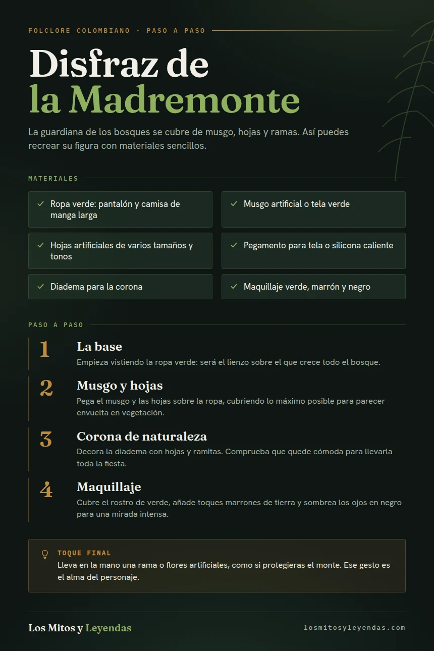 Materiales y los cuatro pasos para hacer el disfraz de la Madremonte: base verde, musgo y hojas, corona y maquillaje