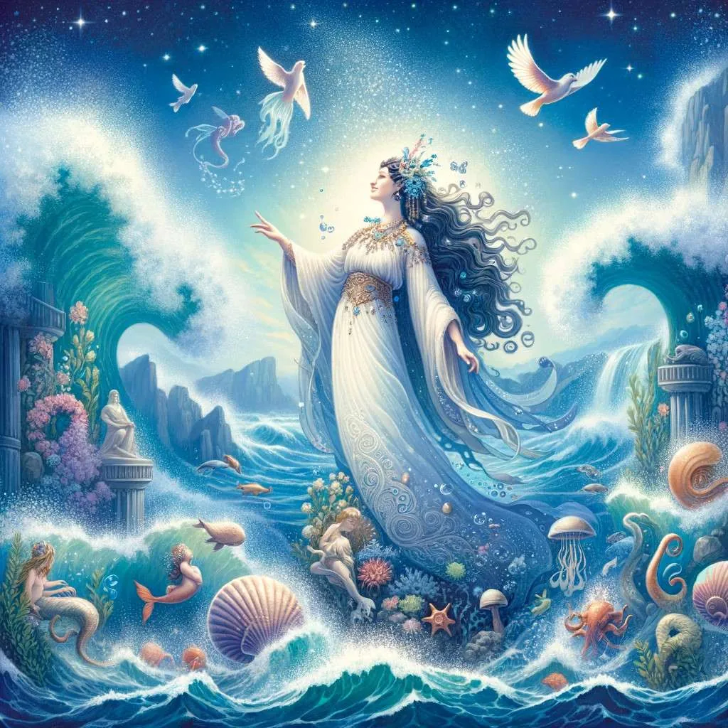 Ilustración de Doris, la diosa de las aguas en la mitología griega, rodeada por el océano y criaturas marinas, destacando su belleza y poder. Los Mitos y Leyendas (www.losmitosyleyendas.com)