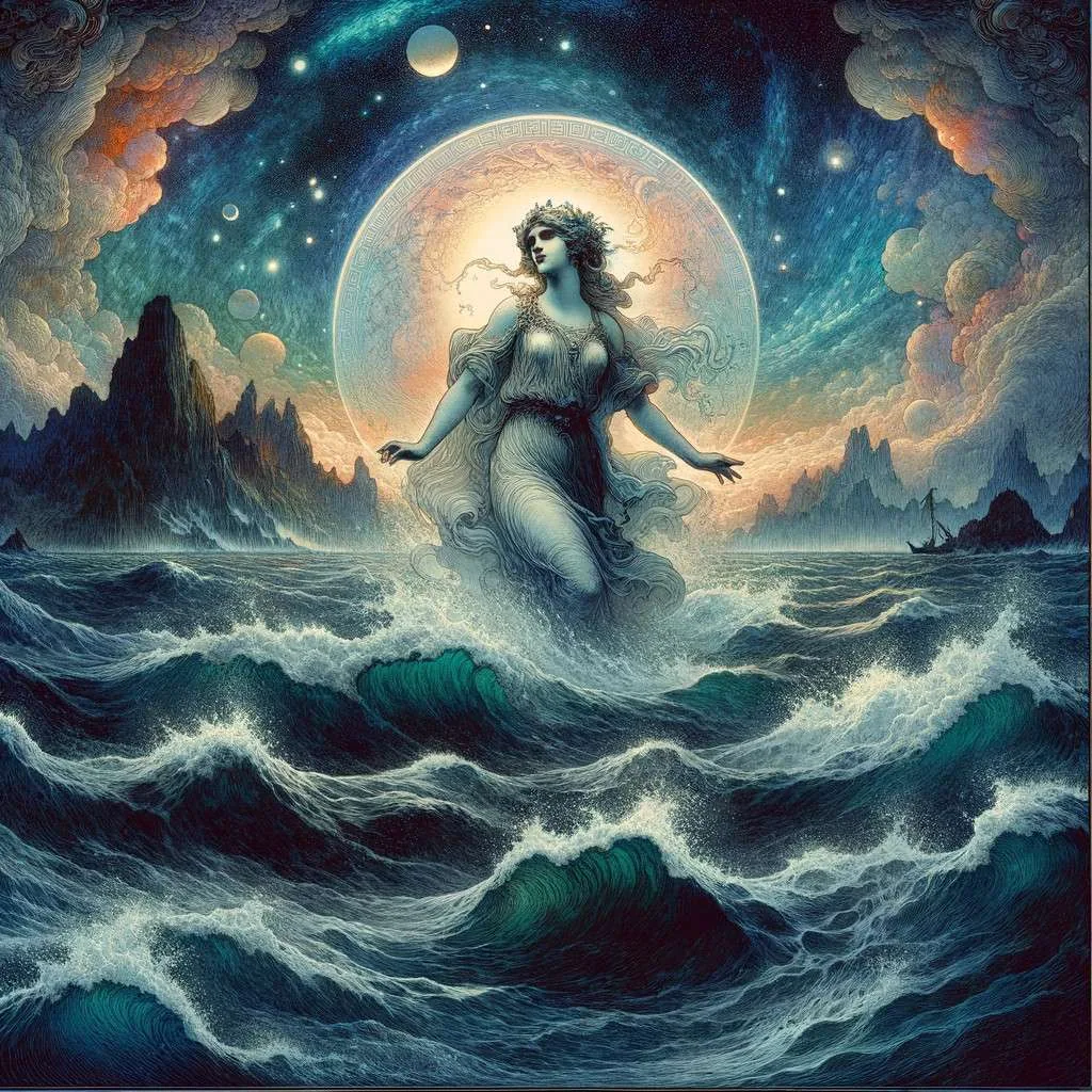 Ilustración del origen de Doris, emergiendo del mar como una diosa marina etérea en el momento de su creación, rodeada por el vasto y místico océano. Los Mitos y Leyendas (www.losmitosyleyendas.com)