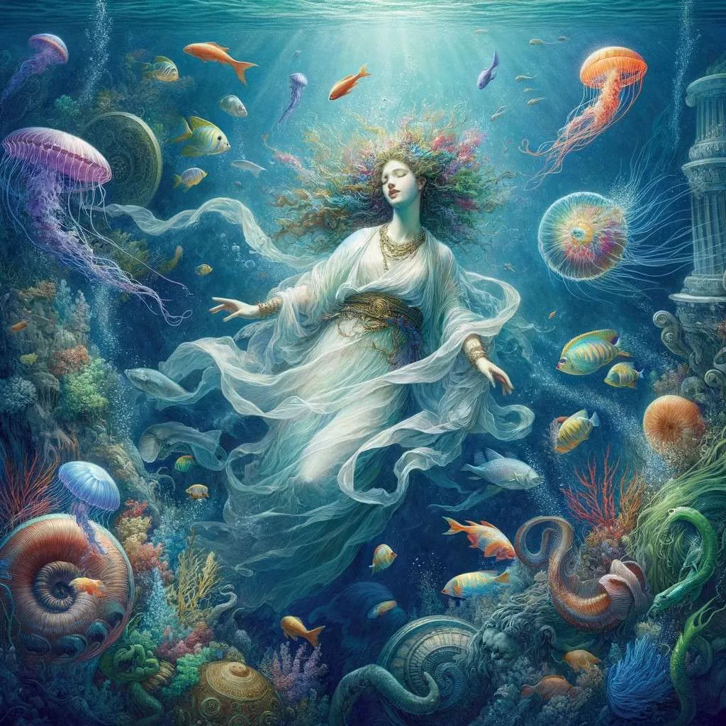 Ilustración de Doris, la diosa griega, en un entorno submarino, destacando su belleza etérea y encanto. Rodeada de criaturas marinas, su figura serena y elegante ilumina el océano. Los Mitos y Leyendas (www.losmitosyleyendas.com)