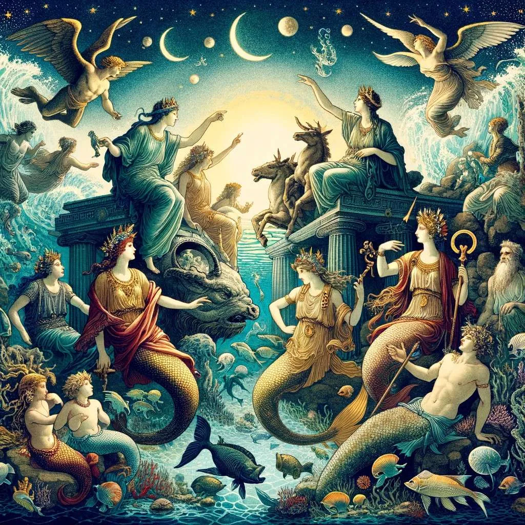 Ilustración de los hijos famosos de Doris, las Nereidas, con Thetis y Anfitrite en un hermoso entorno submarino, rodeadas de criaturas marinas. La escena refleja su conexión con el océano y su papel protector. Los Mitos y Leyendas (www.losmitosyleyendas.com)