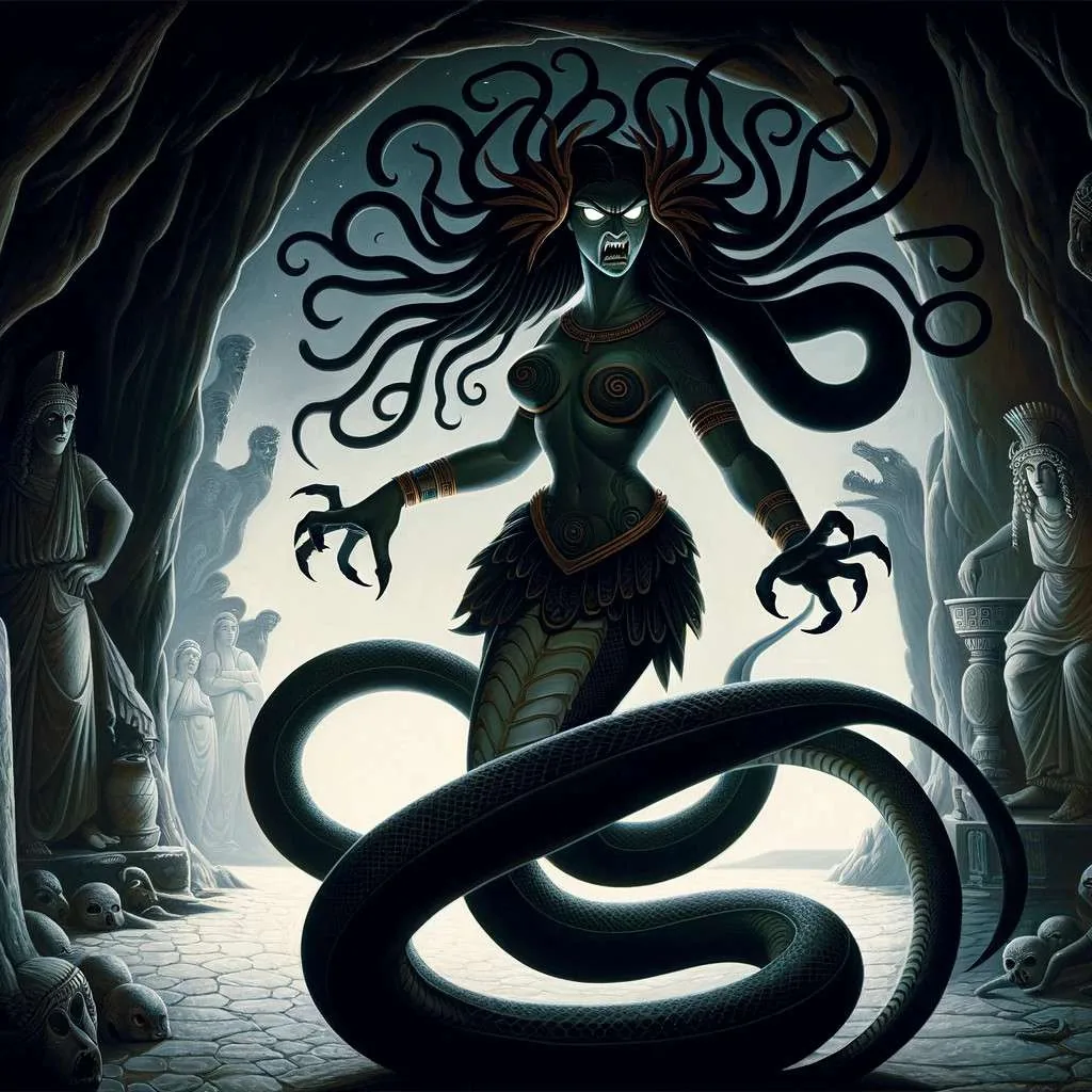 Ilustración de Echidna, la diosa mitológica griega con cuerpo de serpiente, en una cueva oscura, simbolizando su desafío a los dioses inmortales. Los Mitos y Leyendas (www.losmitosyleyendas.com)