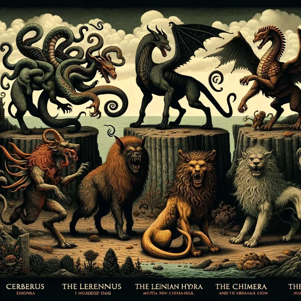 Ilustración de los hijos monstruosos de Echidna, incluyendo a Cerbero, la Hidra de Lerna, la Quimera y el León de Nemea, en un paisaje que refleja su naturaleza aterradora. Los Mitos y Leyendas (www.losmitosyleyendas.com)