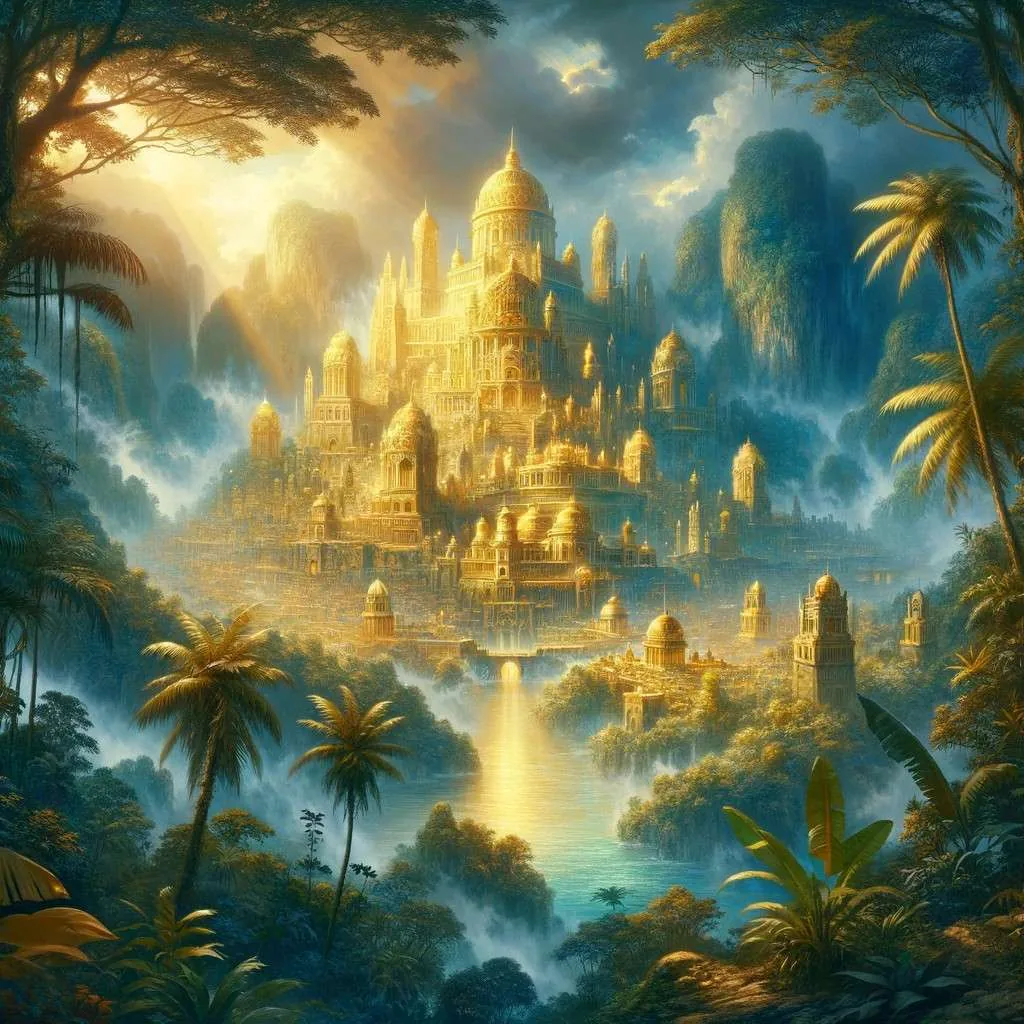 La legendaria ciudad de El Dorado, una magnífica ciudad de oro oculta en las junglas de América del Sur, brillando bajo el sol con templos y palacios dorados, rodeada de densa vegetación tropical y niebla misteriosa, capturando el encanto y misterio que ha fascinado a exploradores y aventureros. Los Mitos y Leyendas (www.losmitosyleyendas.com)