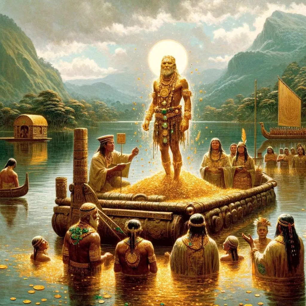 El ritual de El Dorado, mostrando al cacique Muisca cubierto de polvo de oro en una balsa adornada, preparándose para sumergirse en la Laguna de Guatavita, rodeado por su pueblo y sacerdotes, con el paisaje andino de fondo, capturando la conexión espiritual y cultural del pueblo Muisca con su entorno.
