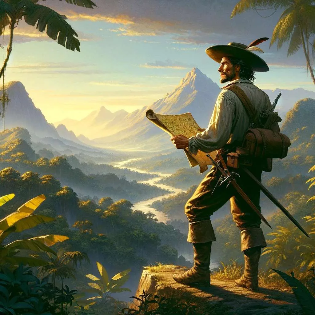 Un explorador del siglo XVI al borde de una selva sudamericana, mirando hacia un vasto territorio inexplorado con un mapa y una brújula, vestido de manera apropiada para la época, simbolizando la búsqueda de El Dorado. El fondo presenta una jungla densa, montañas distantes y un posible resplandor dorado, capturando el espíritu de aventura y el deseo de descubrir lo desconocido. Los Mitos y Leyendas (www.losmitosyleyendas.com)
