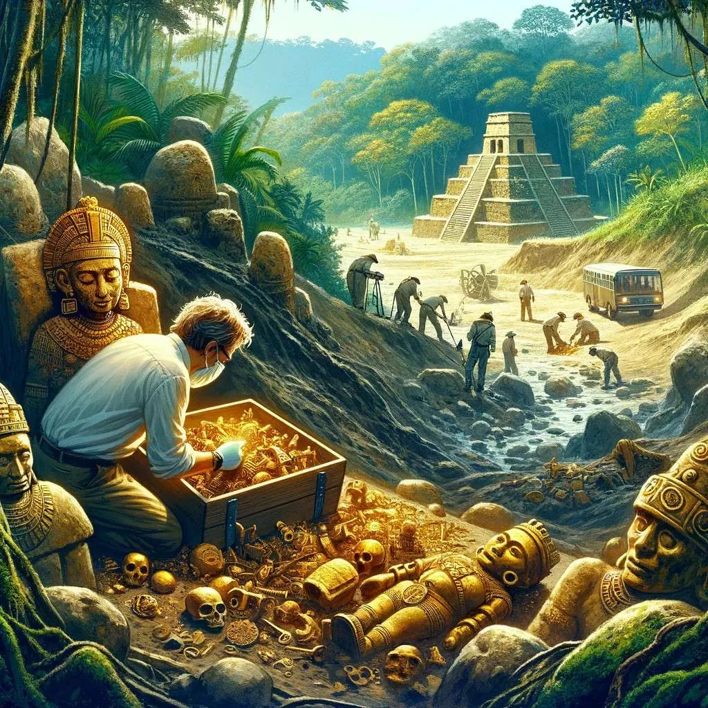 Sitio de excavación arqueológica en Sudamérica, donde arqueólogos descubren artefactos de oro relacionados con El Dorado entre las ruinas de una civilización antigua, con la densa jungla y estructuras antiguas de fondo, capturando la emoción de revelar tesoros históricos y su importancia para entender las sociedades y rituales antiguos. Los Mitos y Leyendas (www.losmitosyleyendas.com)