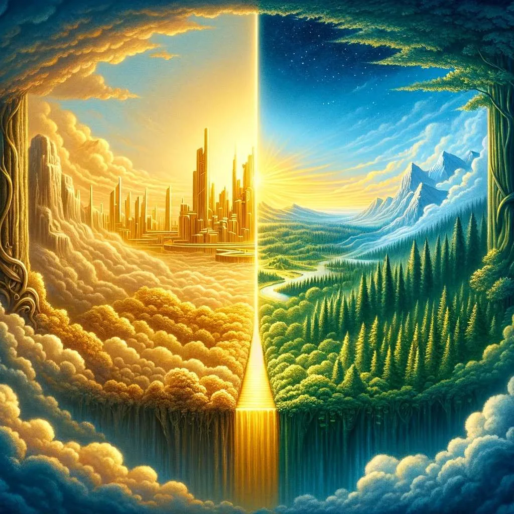 Representación simbólica de la leyenda de El Dorado, mostrando un paisaje etéreo dividido entre una ciudad dorada y un bosque exuberante, simbolizando el contraste entre la riqueza material y la espiritual, con un puente que sugiere el equilibrio entre ambos. Los Mitos y Leyendas (www.losmitosyleyendas.com)