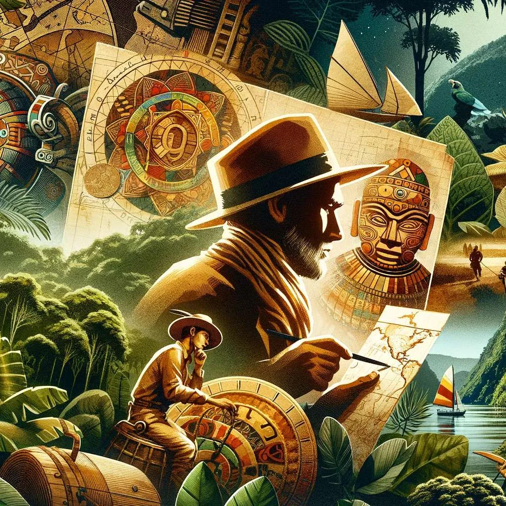 Un collage que representa el legado de El Dorado, con un explorador estudiando un mapa, símbolos de culturas precolombinas y un conservacionista protegiendo la selva, destacando la exploración histórica, el patrimonio cultural de Sudamérica y la conservación ambiental moderna. Los Mitos y Leyendas (www.losmitosyleyendas.com)