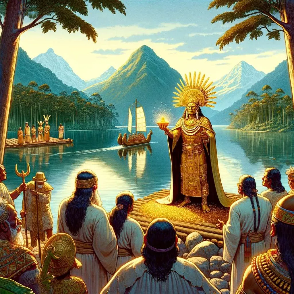 Una escena que representa el ritual sagrado de El Dorado en la cultura Chibcha, con el cacique Muisca en una balsa en el lago, rodeado de sacerdotes y nobles, contra el sereno paisaje andino, destacando la conexión espiritual con el entorno. Los Mitos y Leyendas (www.losmitosyleyendas.com)