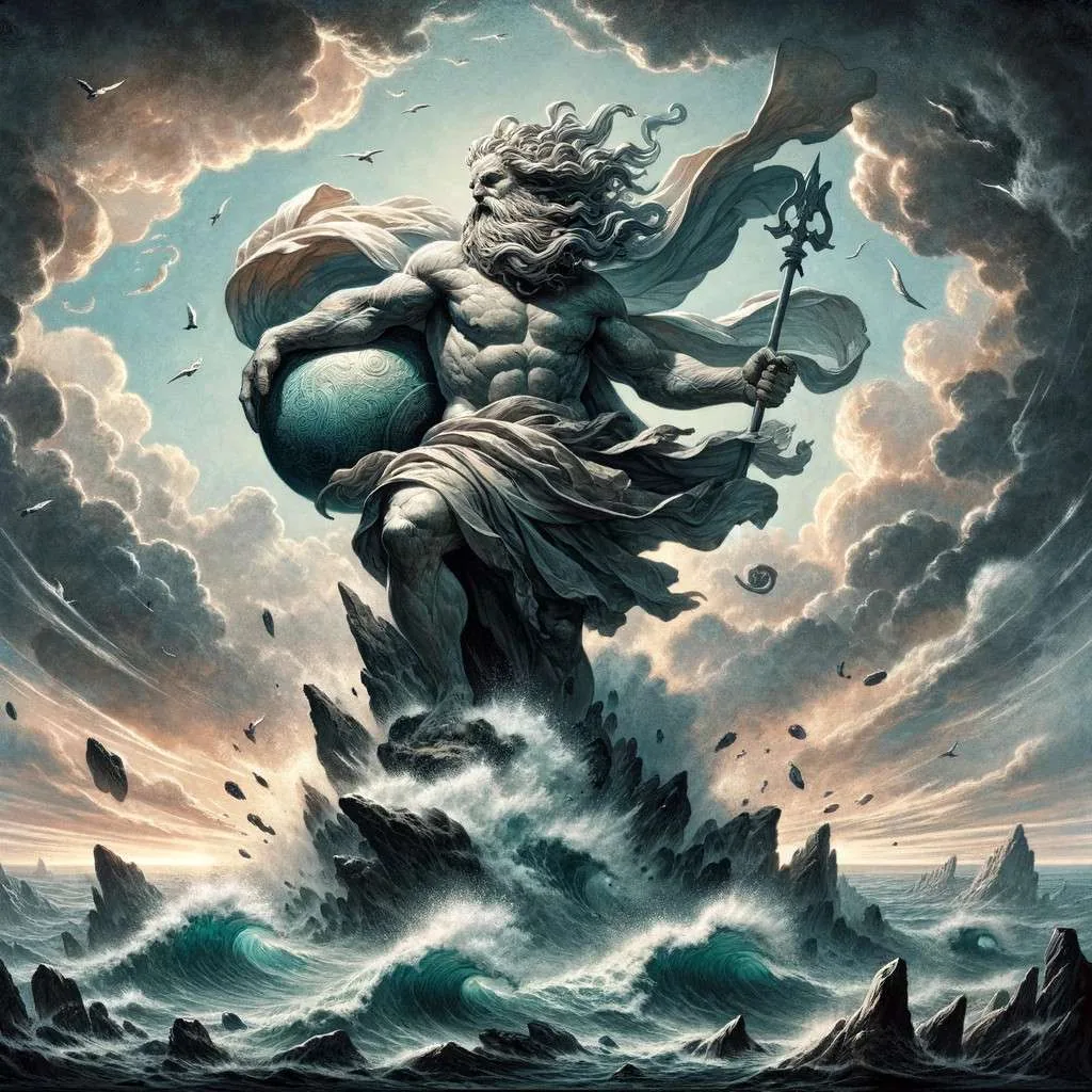 Ilustración de Eolo, el dios de los vientos en la mitología griega, mostrado en un entorno que simboliza su dominio sobre los vientos. Sosteniendo una bolsa o cetro, su figura majestuosa y serena resalta contra el fondo dinámico de vientos circundantes, evocando su poder y autoridad sobre los elementos naturales. Los Mitos y Leyendas (www.losmitosyleyendas.com)