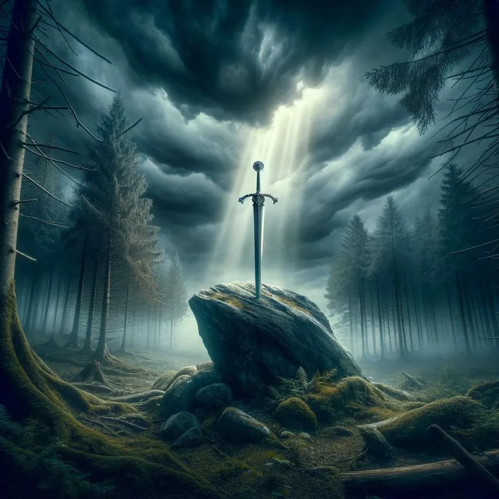 Una ilustración dramática y evocadora de Excalibur, la mítica espada del Rey Arturo, resplandeciendo con un poder místico en un bosque antiguo y neblinoso. Esta imagen captura la magia y el misterio que envuelven a una de las espadas más legendarias de la historia. Los Mitos y Leyendas (www.losmitosyleyendas.com)