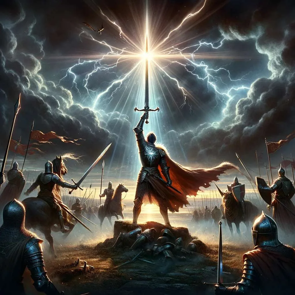 Ilustración dramática del Rey Arturo en el campo de batalla, sosteniendo Excalibur, que emite una deslumbrante ráfaga de luz y energía. Esta poderosa escena encapsula el poder sobrenatural de la espada, rodeada de caballeros y enemigos maravillados por su magia. La imagen evoca respeto y admiración por el legendario poder de Excalibur. Los Mitos y Leyendas (www.losmitosyleyendas.com)