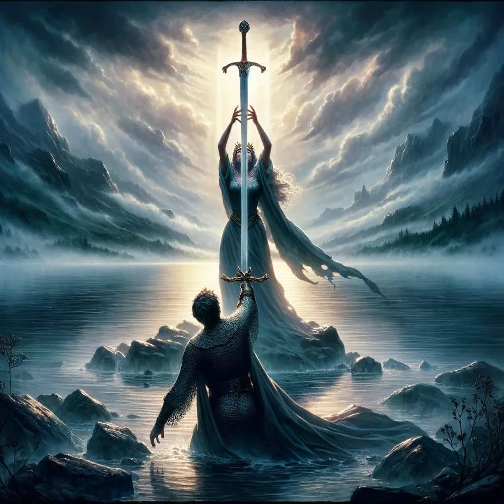 Ilustración que representa el origen mítico de Excalibur con la Dama del Lago extendiendo la espada hacia Arturo, en la orilla de un lago envuelto en misterio. La escena captura el vínculo sagrado entre el destino de Arturo y la naturaleza sobrenatural de Excalibur, enfatizando el momento solemne de su entrega. La atmósfera brumosa y la luz suave subrayan el acto sagrado, transmitiendo un sentido de destino y predestinación. Los Mitos y Leyendas (www.losmitosyleyendas.com)