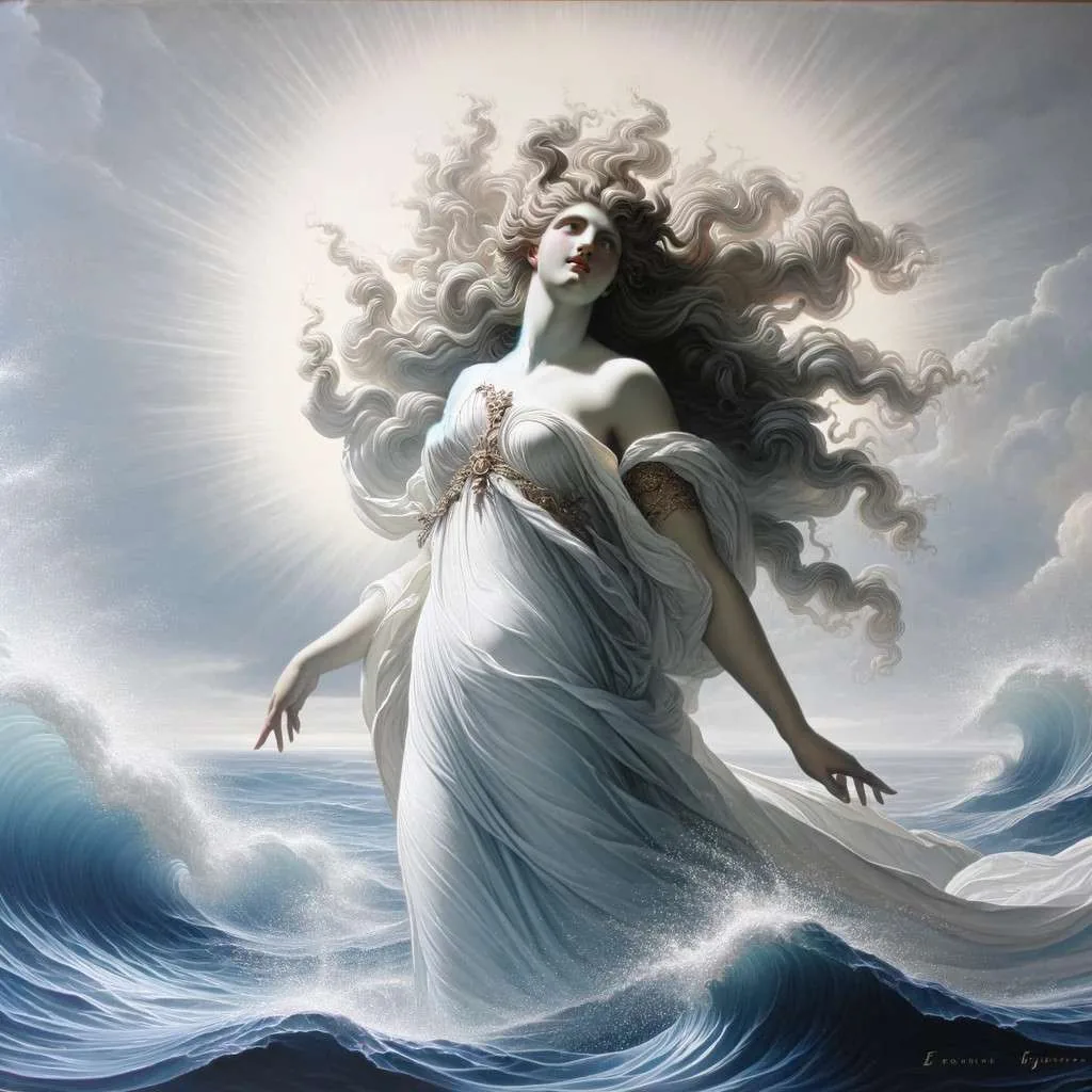 Representación artística de la Diosa Galatea emergiendo del mar, con cabellos que fluyen y túnica de espuma marina, contra un fondo de océano y cielo al amanecer. Los Mitos y Leyendas (www.losmitosyleyendas.com).