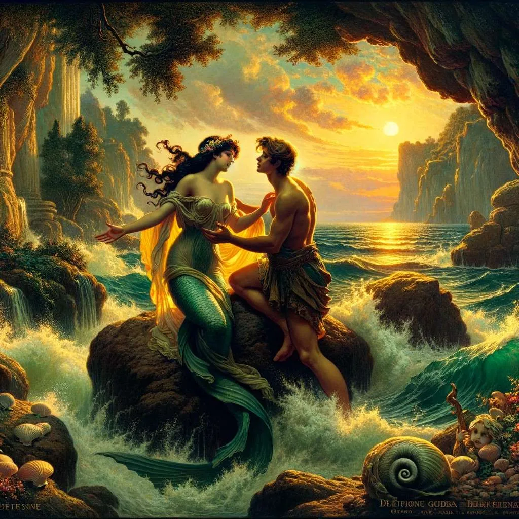 Ilustración del romance entre Galatea y Acis en un paisaje mediterráneo, con un momento íntimo bajo la luz del atardecer, evocando pasión y amor puro antes de la tragedia. Los Mitos y Leyendas (www.losmitosyleyendas.com).