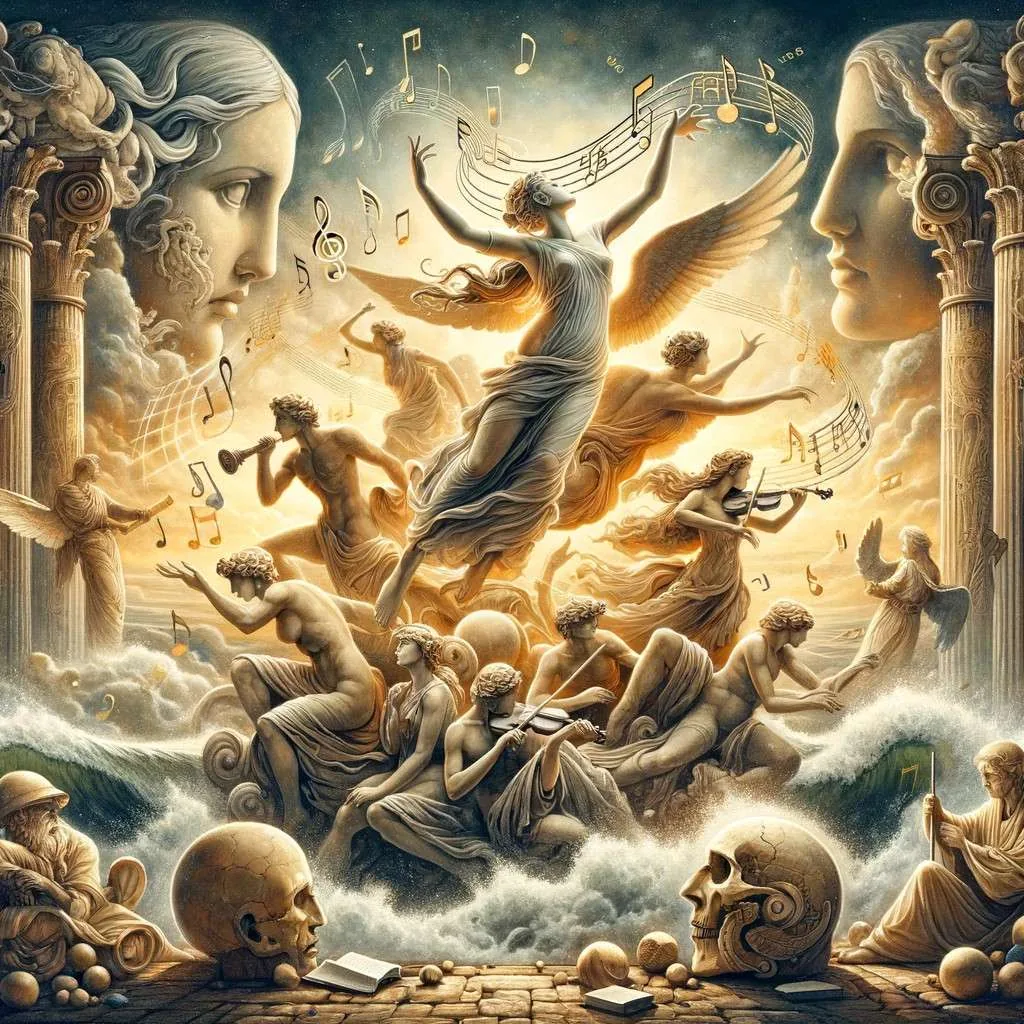 Ilustración del legado de Galatea, mostrando su influencia en el arte y la cultura con elementos como esculturas clásicas, lienzos y notas musicales, contra un fondo que evoca el mar y el cielo. Los Mitos y Leyendas (www.losmitosyleyendas.com).