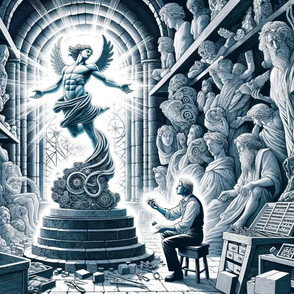 Ilustración del momento en que Galatea, creada por el escultor Pigmalión, cobra vida en su taller, mostrando el asombro y amor de Pigmalión hacia su creación. Los Mitos y Leyendas (www.losmitosyleyendas.com).
