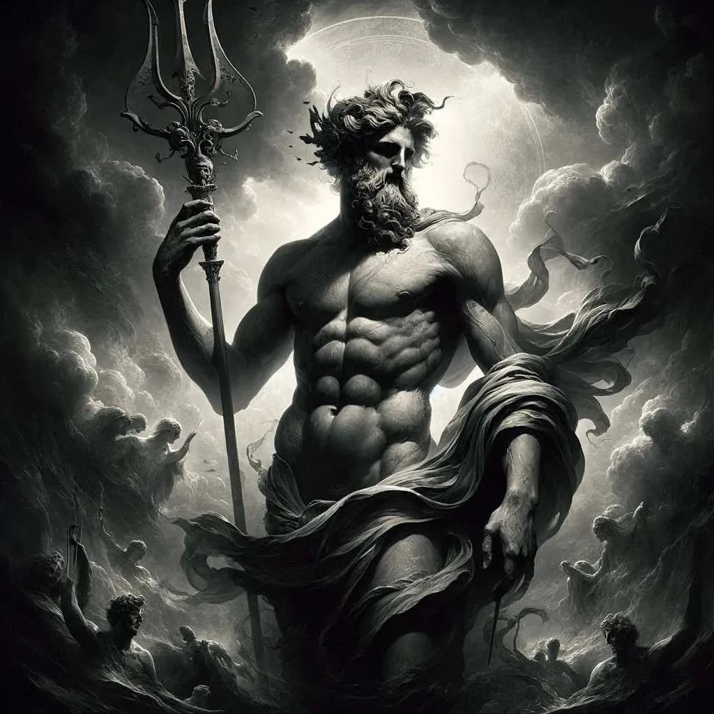 Representación artística de Hades, el dios griego del inframundo, mostrado en un estilo clásico. De pie con una mirada poderosa y serena, sostiene un cetro que simboliza su autoridad sobre el reino de los muertos. Vestido de manera regia, su atuendo refleja su estatus divino. El inframundo se sugiere sutilmente en el fondo con tonalidades oscuras y sombras, manteniendo un aura de majestuosidad. Elementos simbólicos como el casco de la invisibilidad o Cerbero pueden intuirse, complementando la imponente figura de Hades. Imagen cortesía de Los Mitos y Leyendas (www.losmitosyleyendas.com)