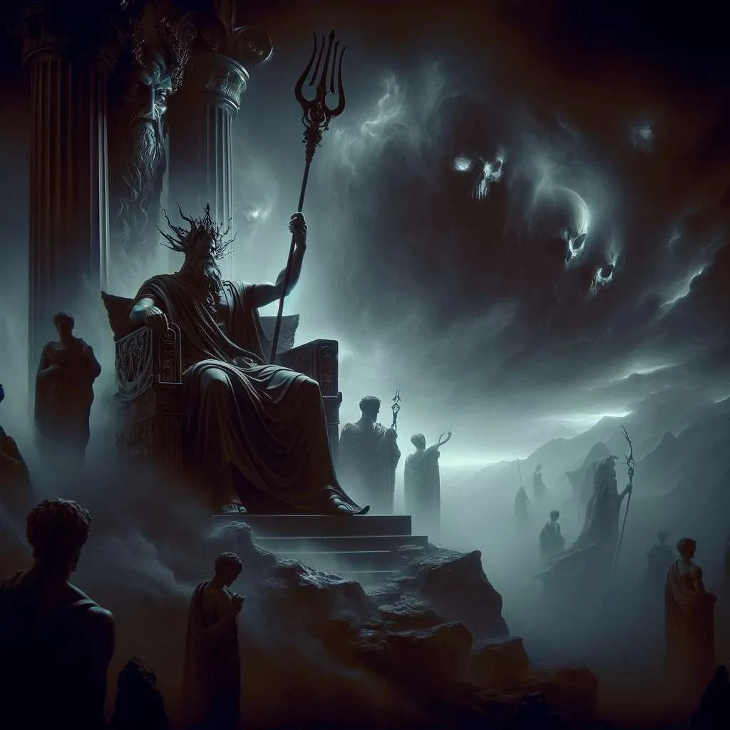 Representación artística de Hades, el dios griego del inframundo, sentado majestuosamente en su trono oscuro, rodeado de sombras y sosteniendo un cetro. El entorno refleja el misterioso y sombrío inframundo, con almas errantes y llamas tenues, capturando la esencia y autoridad de Hades en la mitología griega. Imagen cortesía de Los Mitos y Leyendas (www.losmitosyleyendas.com)
