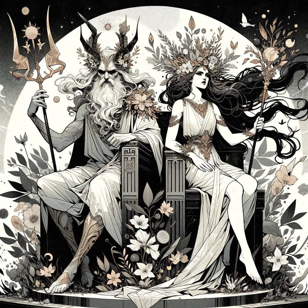 Ilustración estilizada y respetuosa de Hades y Perséfone, simbolizando su unión como rey y reina del inframundo. Perséfone, vestida con ropas que reflejan su conexión con la primavera y la vegetación, está junto a Hades, quien lleva vestiduras regias que simbolizan su dominio sobre el inframundo. Ambos sentados en tronos que representan la interconexión de sus dominios, rodeados de una atmósfera que mezcla elementos del inframundo con toques de vegetación. Imagen cortesía de Los Mitos y Leyendas (www.losmitosyleyendas.com)