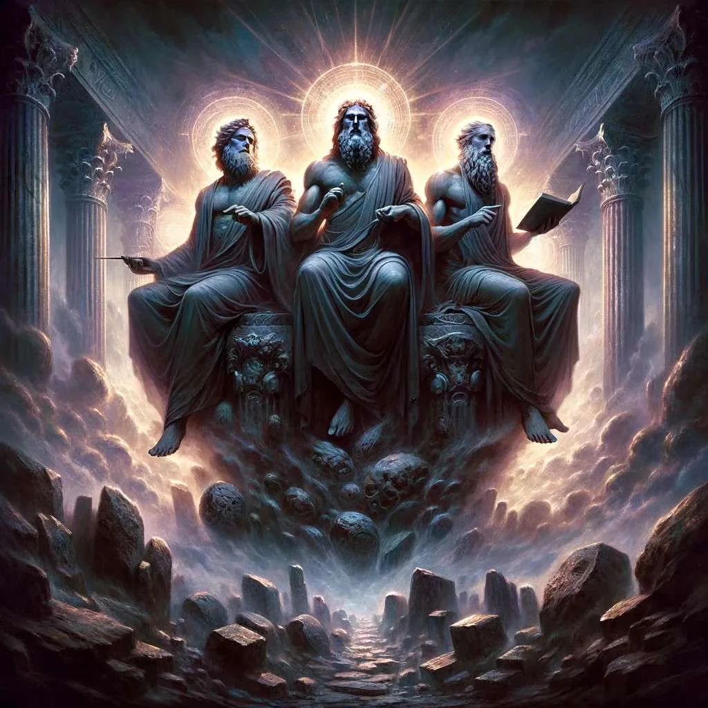 Ilustración de los tres jueces del Inframundo, Minos, Éaco y Radamantis, vestidos con togas de sabiduría, sentados en tronos de piedra dentro del sombrío y majestuoso inframundo. Las figuras serenas y respetables deliberan sobre el destino de las almas, en un entorno que captura la esencia del inframundo con colores oscuros y elementos etéreos, sugiriendo la presencia de almas en espera de juicio. La imagen transmite justicia divina y la solemnidad de su tarea. Imagen cortesía de Los Mitos y Leyendas (www.losmitosyleyendas.com)