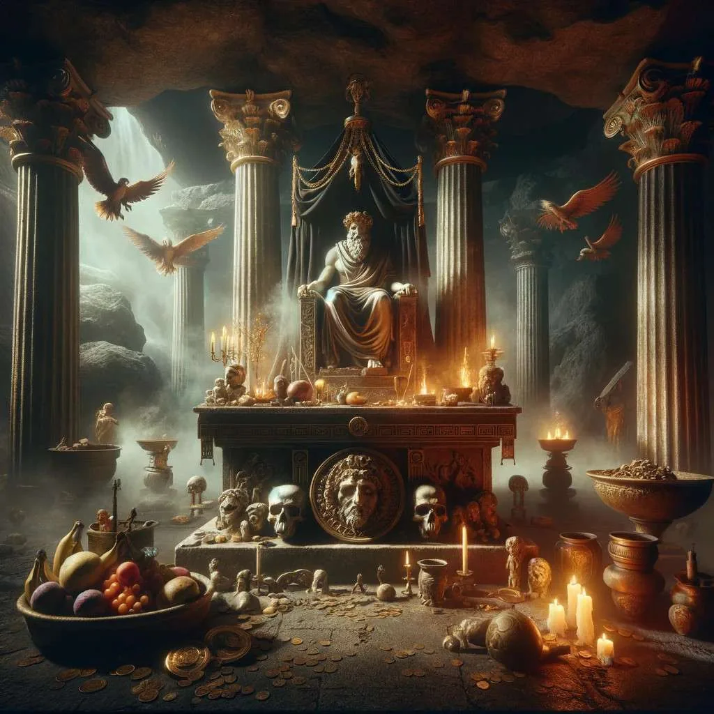 Representación simbólica del culto a Hades en la antigua Grecia, con un altar dedicado al dios del inframundo adornado con ofrendas típicas como frutas, monedas y figurillas. El ambiente, sombrío pero respetuoso, refleja la solemnidad con la que los griegos antiguos veneraban la muerte y el inframundo. Situado en un posible templo terrenal o en el mismísimo inframundo, el santuario está rodeado de columnas de piedra y antorchas que proporcionan una iluminación mística, evocando un sentido de lo sagrado y eterno. Imagen cortesía de Los Mitos y Leyendas (www.losmitosyleyendas.com)