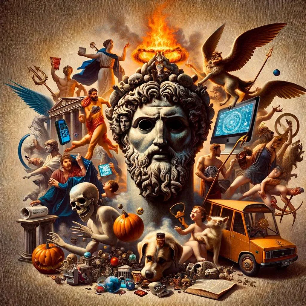 Representación creativa que fusiona la iconografía tradicional de Hades con elementos de la cultura popular moderna. Símbolos clásicos como el cetro, el casco de la invisibilidad, y Cerbero, el perro de tres cabezas, se integran en un contexto que abarca medios modernos como películas, videojuegos, cómics y literatura. El fondo une el antiguo inframundo con escenarios contemporáneos, ilustrando el puente visual entre el mito y su relevancia actual, destacando la atemporalidad de Hades y su presencia en la imaginación colectiva. Imagen cortesía de Los Mitos y Leyendas (www.losmitosyleyendas.com)