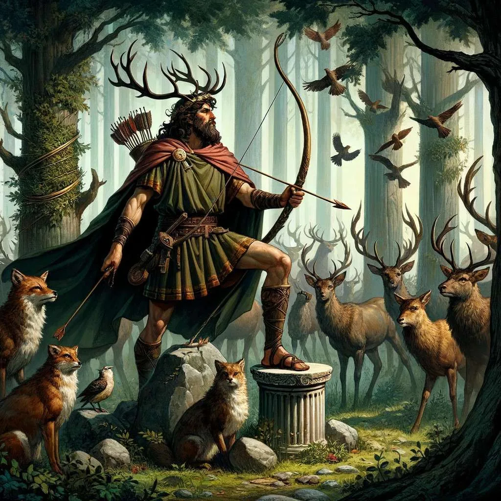 Hipólito ofreciendo ofrendas a Artemisa: Se muestra a Hipólito en un bosque sagrado, dedicando ofrendas en un altar a Artemisa, rodeado de ciervos y con ropas de caza. Los Mitos y Leyendas - www.losmitosyleyendas.com