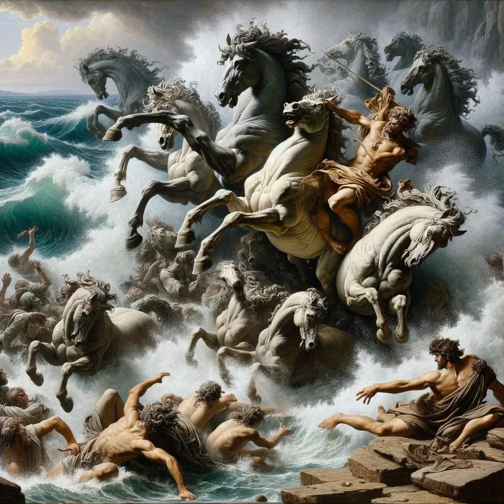 La trágica muerte de Hipólito: Hipólito es arrastrado por sus caballos desbocados en la playa, con un monstruo marino enviado por Poseidón al fondo, capturando el momento de caos y tragedia. Los Mitos y Leyendas (www.losmitosyleyendas.com)