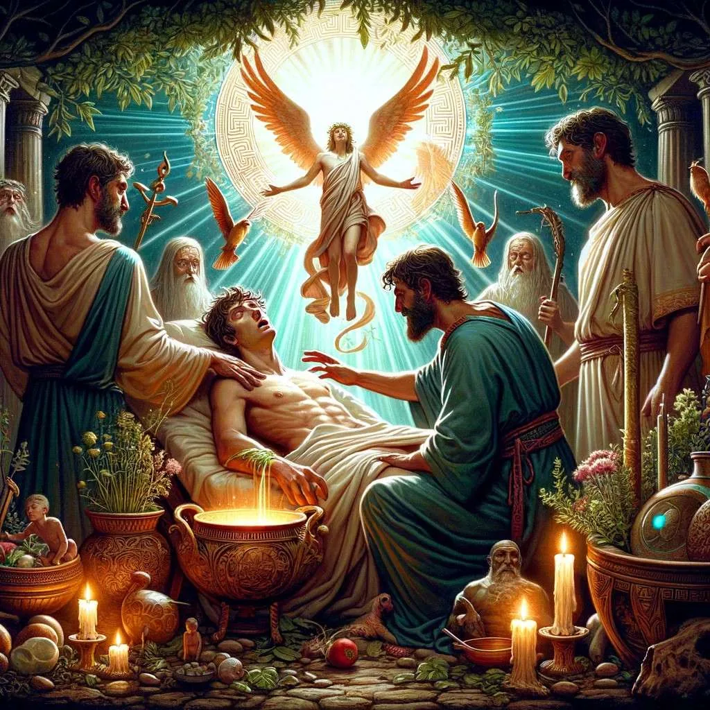 Resurrección de Hipólito por Asclepio: Asclepio sana a Hipólito en un lecho ceremonial bajo la observación de Artemisa, con una atmósfera divina y elementos místicos alrededor. Los Mitos y Leyendas (www.losmitosyleyendas.com)