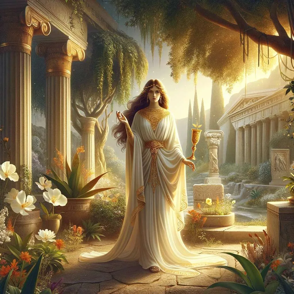 La diosa griega Hipsípila en un jardín antiguo, simbolizando elegancia y misterio, con un aura divina, bajo la luz dorada que realza su conexión con lo místico y lo divino. Los Mitos y Leyendas (www.losmitosyleyendas.com)