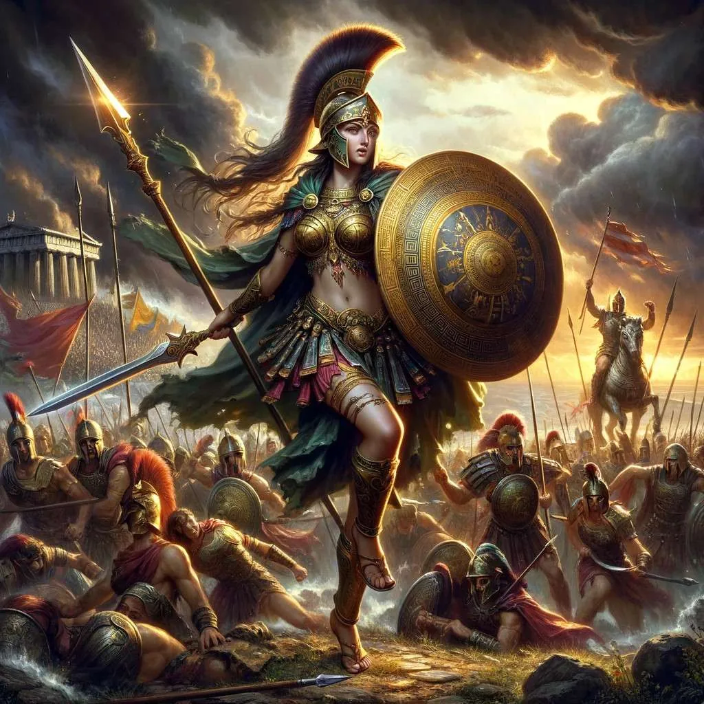 Hipsípila en la Guerra de Troya, vestida para la batalla con elementos divinos, muestra determinación y valentía frente al conflicto, simbolizando la intervención divina en la saga épica. Los Mitos y Leyendas (www.losmitosyleyendas.com)
