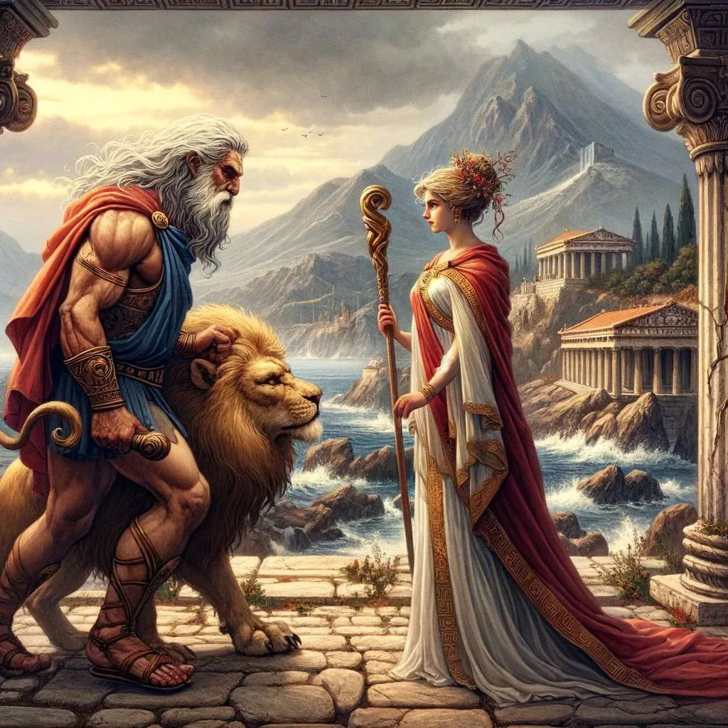 Heracles y Hipsípila en Lemnos, mostrando un encuentro de respeto y entendimiento entre la fuerza heroica y la sabiduría regia en un paisaje antiguo griego. Los Mitos y Leyendas (www.losmitosyleyendas.com)