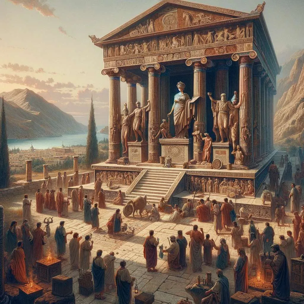 Un templo grandioso dedicado a Hipsípila en la antigua Grecia, rodeado de peregrinos y adoradores, con estatuas heroicas y arquitectura que narra su legado, simbolizando el respeto y la veneración eternos hacia ella. Los Mitos y Leyendas (www.losmitosyleyendas.com)