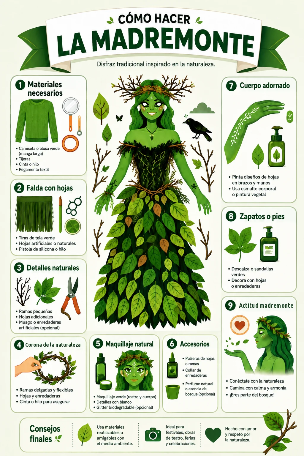 Infografía del disfraz de la Madremonte paso a paso: materiales, falda de hojas, corona de la naturaleza, maquillaje verde y accesorios