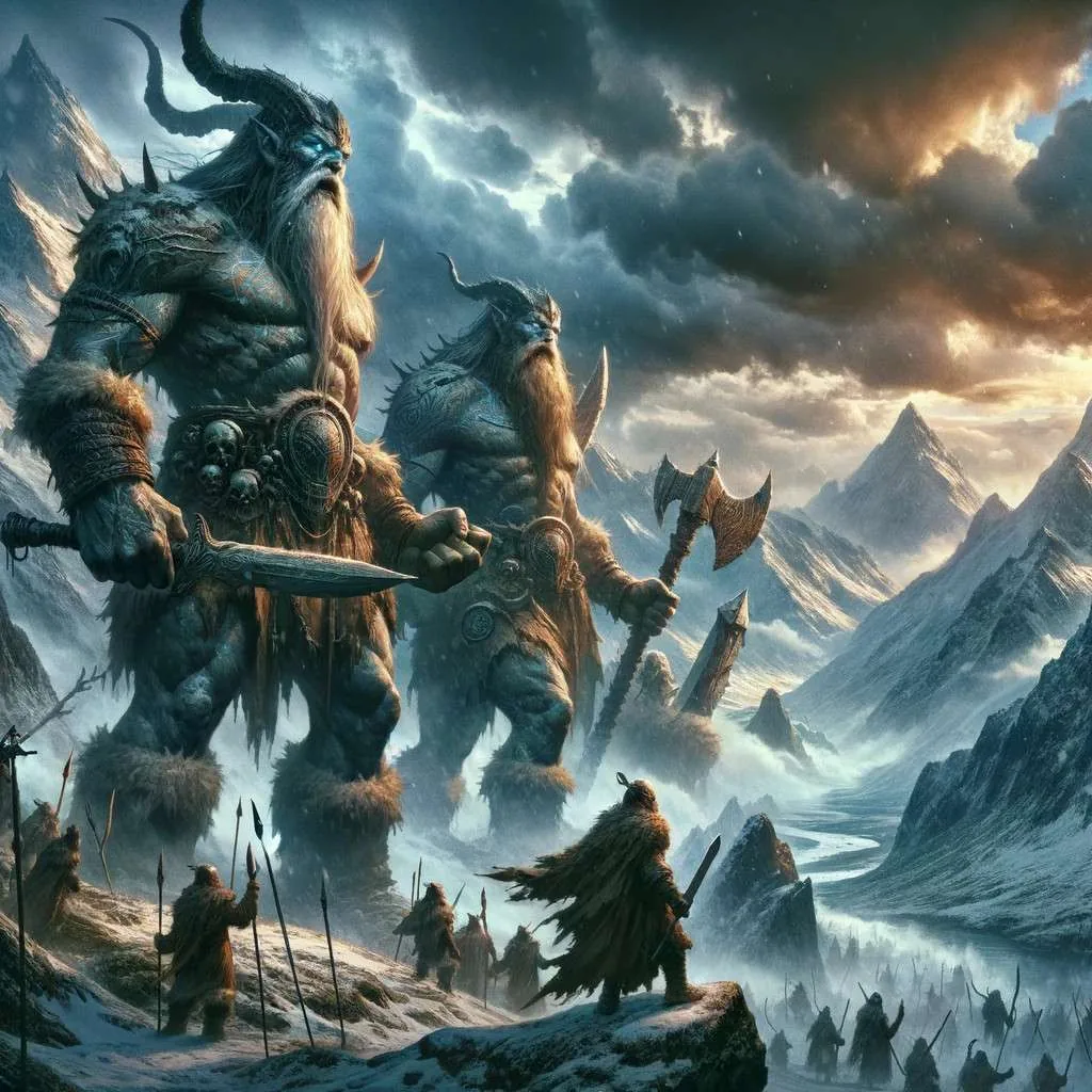 Representación artística de Jotunheim, el reino de los gigantes en la mitología nórdica, mostrando un paisaje vasto y montañoso con jotuns imponentes bajo un cielo tormentoso. Los Mitos y Leyendas (www.losmitosyleyendas.com)
